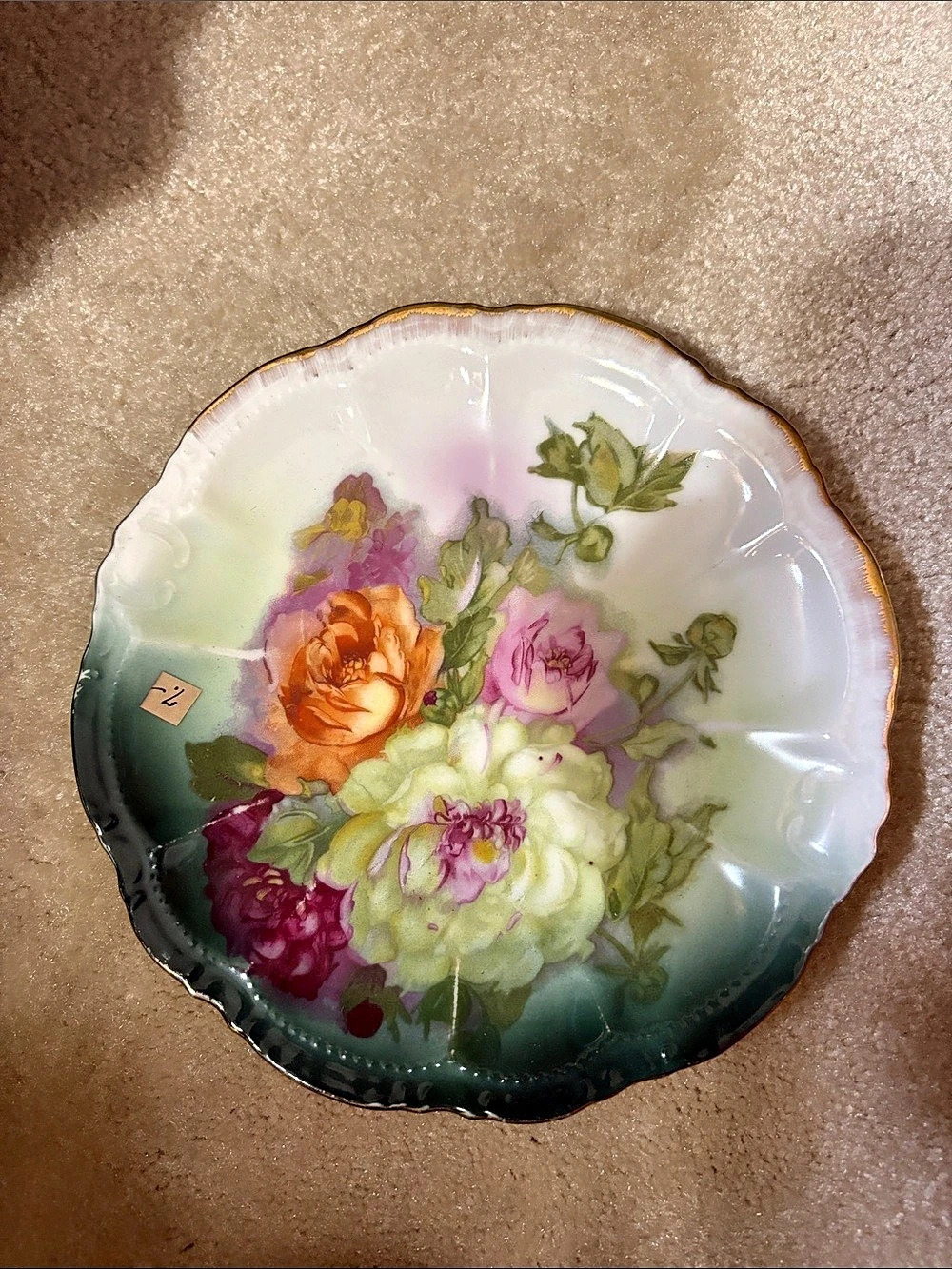 Antique Floral Scalloped Plate with Roses in yellow/green, salmon and pink